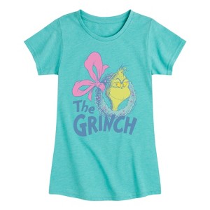 Girls' - Dr. Seuss - Grinch Wreath Fitted Short Sleeve Graphic T-Shirt - 1 of 4