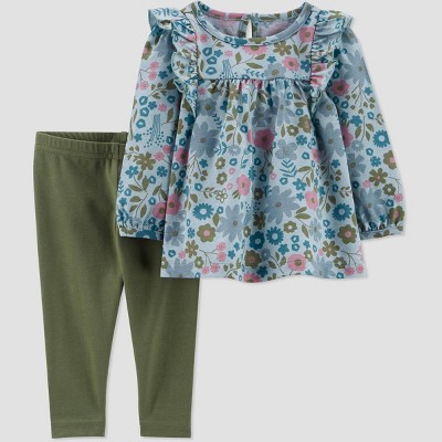 Image of Carter's Just One You® Baby Girls' Ditsy Floral Top & Bottom Set - Olive Green 6M