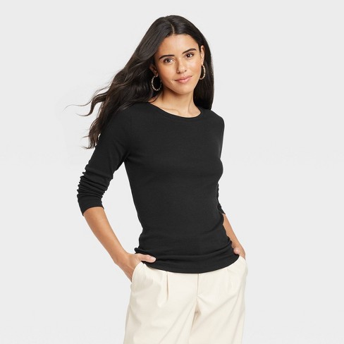 Women's Long Sleeve Ribbed T-shirt - A New Day™ Black S : Target