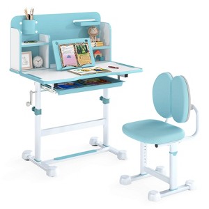 Costway Kid’s Study Desk & Chair Set with Tilt Desktop, Pen Holder & Tray, Reading Stand Blue/Gray - 1 of 4
