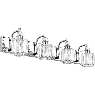 Runesay Crystal Bathroom Vanity Light - 4 Light Modern Crystal Bathroom Lights Fixtures Over Mirror, Stainless Steel Chrome Vanity Light