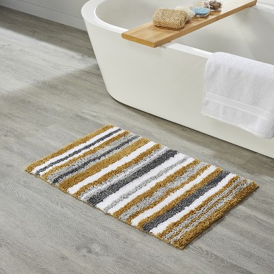 Mustard and Gray Striped Polyester Bath Rug Set