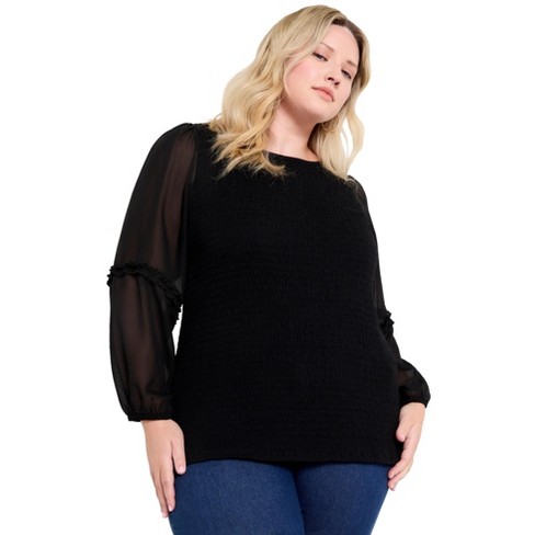 June + Vie by Roaman's Women's Plus Size Puff-Sleeve Smocked Blouse - image 1 of 2