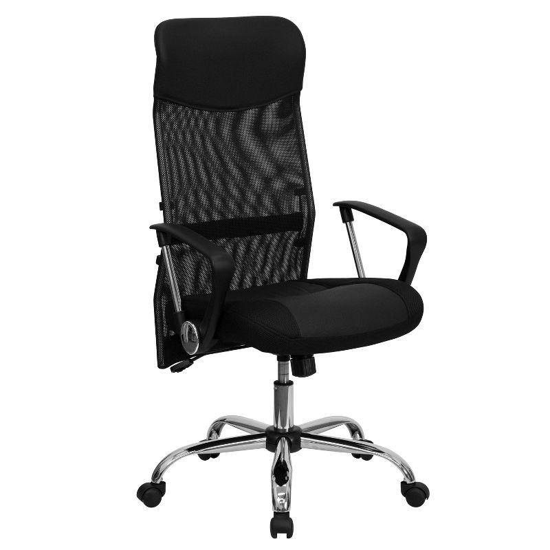 Emma and Oliver High Back Black Leather and Mesh Swivel Task Office Chair with Arms, 1 of 11