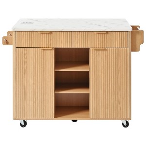 Whisen 52" Fluted Kitchen Island, Rolling Island Table, Kitchen Storage Cart with Drop Leaf, Adjustable Shelves - 1 of 4