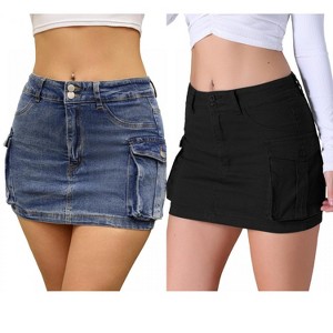 INSPIRE CHIC Women's Stretch Y2K Flap Pockets Button Bodycon Mini Cargo Denim Skirt 2 Packs - 1 of 4