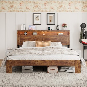 KTMBDW Queen/King Size Bed Frame, Rustic Platform Bed Frame with Wood Headboard and Footboard, Wood Slats Support, No Box Spring Needed, Easy Assembly - 1 of 4