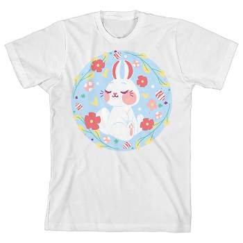 Dear Spring Cute Bunny With Flowers Youth Girl's White Short Sleeve Crew Neck Tee