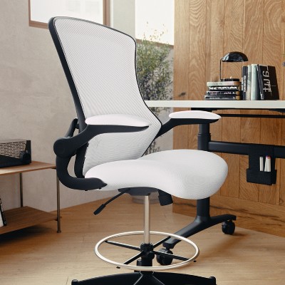 White Mesh and Leather Ergonomic Drafting Chair with Adjustable Arms