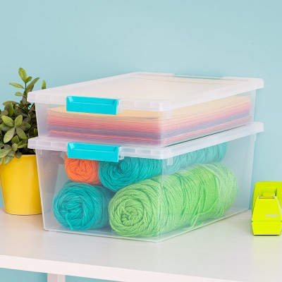 Clear Stackable Plastic Storage Bins with Blue Buckles, 12 Quart, 4 Pack