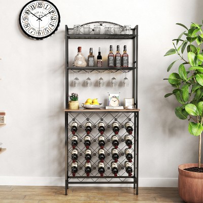 DOMETOUR Industrial Wine Rack Bar Table, 3-Tier Liquor Bottle and Glass Holder with Storage, Metal & Wood Organizer for Home Kitchen & Dining Room
