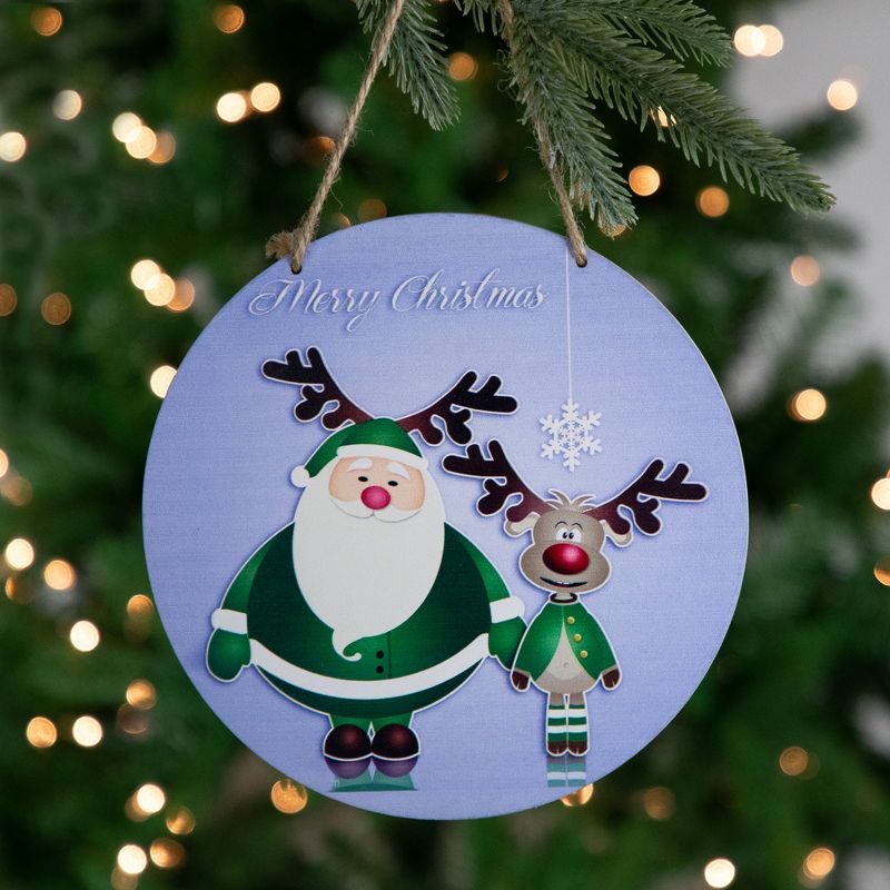 Northlight 8" Blue and Green Santa and Reindeer "Merry Christmas" Disc Ornament, 2 of 6