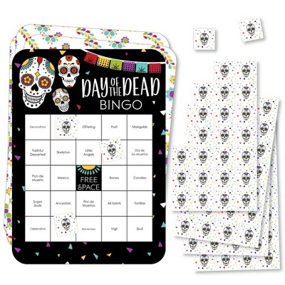 Big Dot of Happiness Day of the Dead - Bingo Cards and Markers - Sugar Skull Party Bingo Game - Set of 18