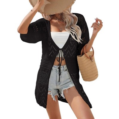 Womens Lightweight Tie Front Cardigan Mesh Knit Cover Ups Cardigan Hollow Out Beach Cover Ups