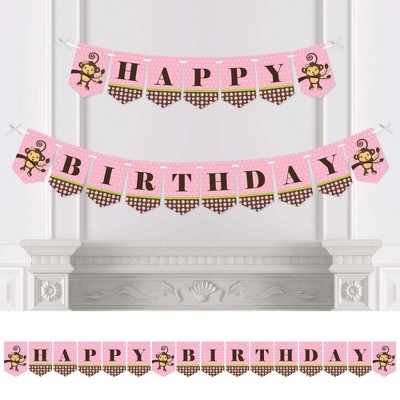 Big Dot of Happiness Pink Monkey Girl - Birthday Party Bunting Banner - Pink Party Decorations - Happy Birthday