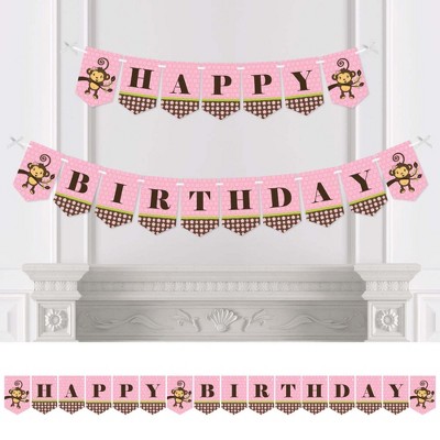 Big Dot of Happiness Pink Monkey Girl - Birthday Party Bunting Banner - Pink Party Decorations - Happy Birthday