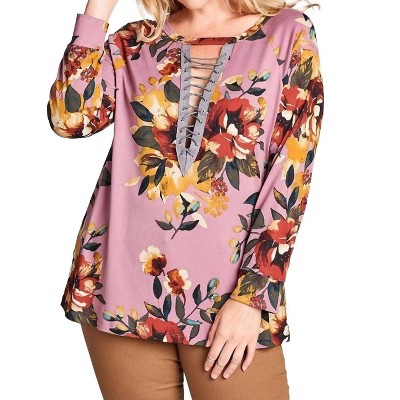 Women's Floral Lace Up Top - PLUS - umgee