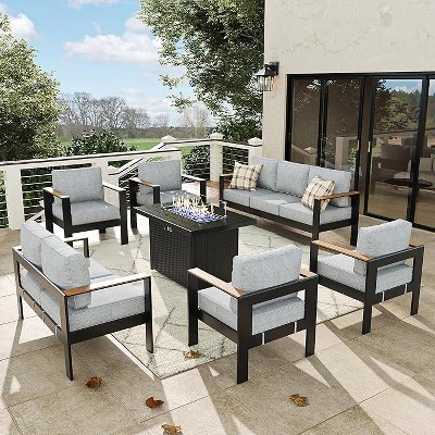 LayinSun 7 Pieces Aluminum Outdoor Patio Furniture Set with Fire Pit Table, Outside Metal Patio Conversation Sets with Deep Seating and Thick Cushions