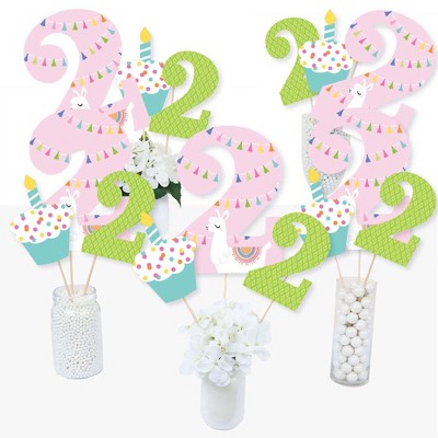Big Dot of Happiness 2nd Birthday Whole Llama Fun - Llama Fiesta Second Birthday Party Centerpiece Sticks - Table Toppers - Set of 15