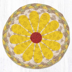 Earth Rugs Farmhouse Yellow Graphic Flower Round Large Coaster – 7" Eco-Friendly Braided Jute - 1 of 3