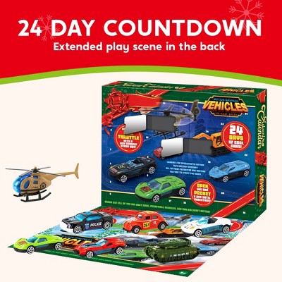 Mini Vehicle Countdown Calendar with 24 Tiny 1:64 Scale Cars and Trucks Behind Numbered Doors