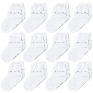 Cozyway Baby Girls Socks, Ruffle Ripple Edge Turn Cuff Ankle Socks Toddlers 9-24 Months - 12 Pack, White - 1 of 4