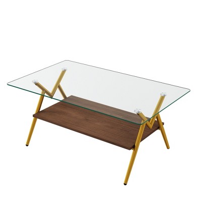 VYNXARIA Rectangle Coffee Table with Tempered Glass top and Golden Metal Legs, Modern Table for Living Room