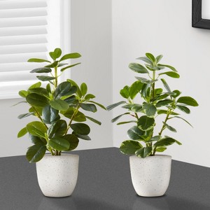 KTMBDW Small Fake Fiddle Leaf Fig Plant Set Of 2 - 14" Artificial Ficus Lyrata in White Pot for Home Decor Indoor Table Office Bathroom Shelf - 1 of 4