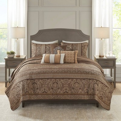 Full Brown Reversible Jacquard Coverlet Set with Shams and Pillows