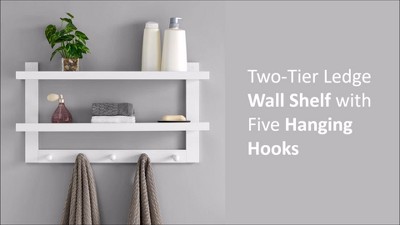 White MDF Two-Tier Floating Wall Shelf with Hooks