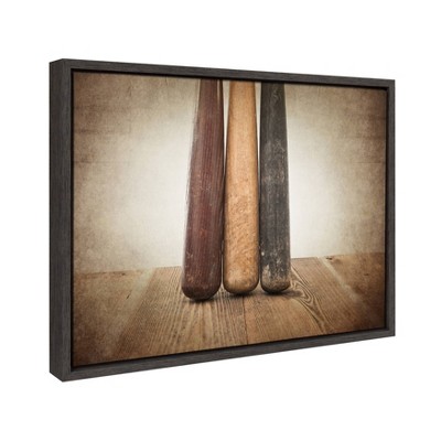 Three Vintage Bats Framed Canvas Print in Gray Woodgrain Frame