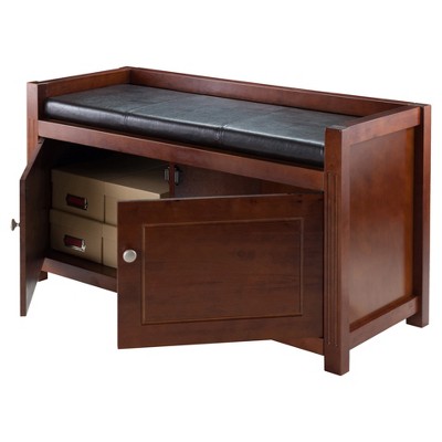 Walnut and Espresso Faux Leather Storage Hall Bench with Cushion
