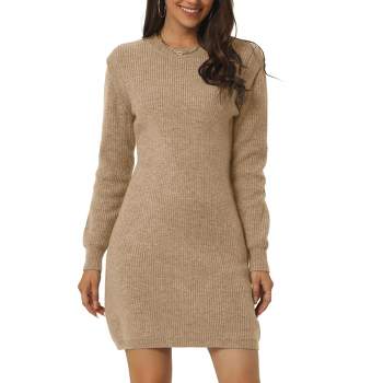 Seta T Women's Round Neck Long Sleeve Slim Fit Casual Fall Winter Mini Sweater Dresses