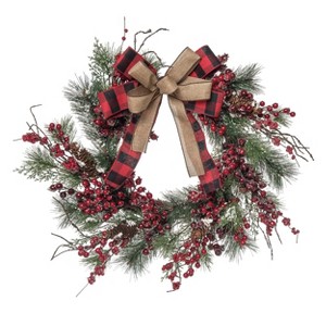 Transpac Artificial 24 in. Multicolored Christmas Buffalo Check and Berry Wreath - 1 of 2