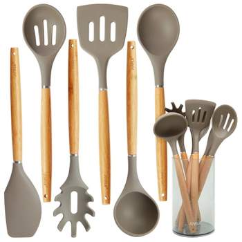 Juvale 7-Piece Silicone and Bamboo Wood Kitchen Utensil Set with Holder, Ladle, Slotted Turner, Slotted Spoon, Serving Spoon, and Pasta Server