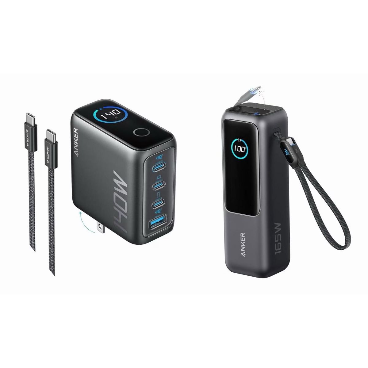 Anker 140W Max USB-C MacBook Charger (4-Port) + 25,000mAh Power Bank (4-Port) with Built-In and Retractable Cables