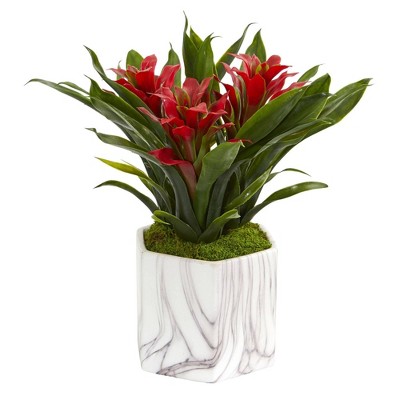 Vibrant Bromeliad Artificial Arrangement in Marble Vase