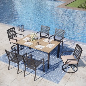 Captiva Designs 7pc Patio Wood-look Slatted Top Steel Table with Umbrella Hole & Metal Armrest Chairs - 1 of 4