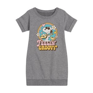 Girls' - Peanuts - Feelin Groovy Snoopy And Woodstock Graphic Short Sleeve Fleece Dress - 1 of 3