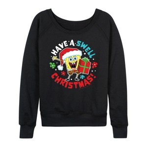 Women's - SpongeBob SquarePants - Have A Swell Christmas Lightweight French Terry Wide Neck Long Sleeve Shirt - 1 of 4