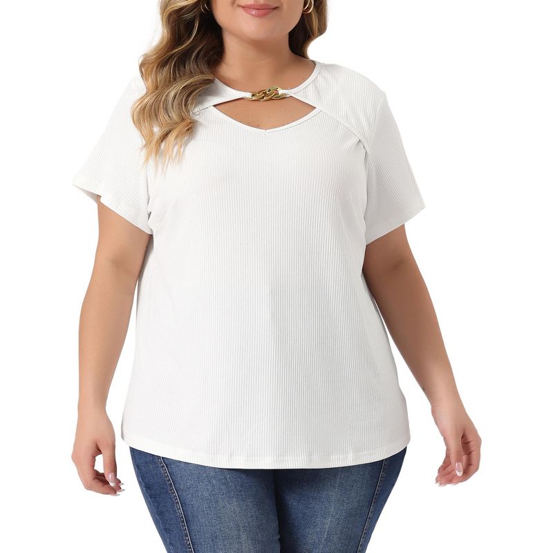Agnes Orinda Women's Plus Size Basic Short Sleeve Metal Chain Crop Cutout Front T-Shirts, 2 of 6