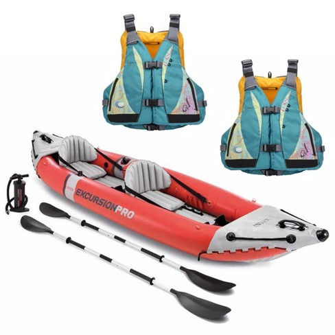 Intex Excursion Pro 2 Person Inflatable Kayak Set w/ 2 Moxie Life Jackets,  M/L