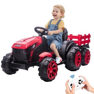 12V Kids Ride On Tractor with Trailer, Battery Powered Electric Vehicles Toy with 35W Dual Motors - 1 of 4