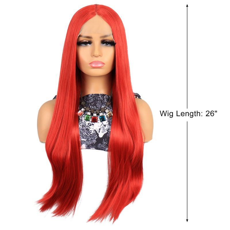 Unique Bargains Long Straight Hair Lace Front Wigs Women's with Wig Cap 26" Red 1PC, 2 of 7
