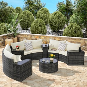 Half-Moon Outdoor Backyard Sectional Sofa Set,11 Piece Balcony Wicker Rattan Sofa,Cushion Garden Furniture Sofa with Coffee Table-Coolbibila - 1 of 4