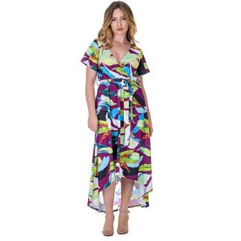 24seven Comfort Apparel Womens Colorful Floral V Neck Belted High Low Faux Wrap Dress