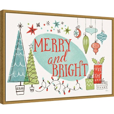 Merry and Bright Christmas Tree Canvas Print with Gold Frame