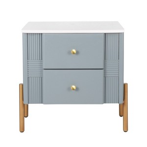 Vynxaria Modern Nightstand - 2 Storage Drawers, Fluted Design, Golden Metal Handles/Legs, Anti-Tip Bracket, Bedroom/Living Room End Table,Blue - 1 of 4