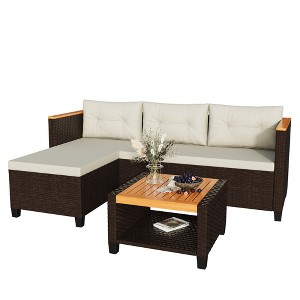 Heynemo 3-Piece Patio Furniture Set, All-Weather PE Rattan Outdoor Sectional with Storage Table, L Shape Outdoor Couch with Cushions - 1 of 4