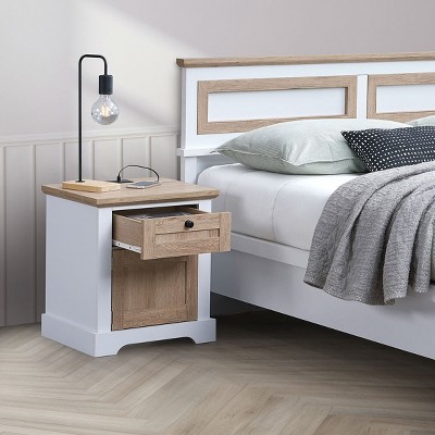Modern Night Stand with 2 Drawer, Charging Station, Rubberwood End Table Side Table Nightstand for Bedroom Living Room, White Oak